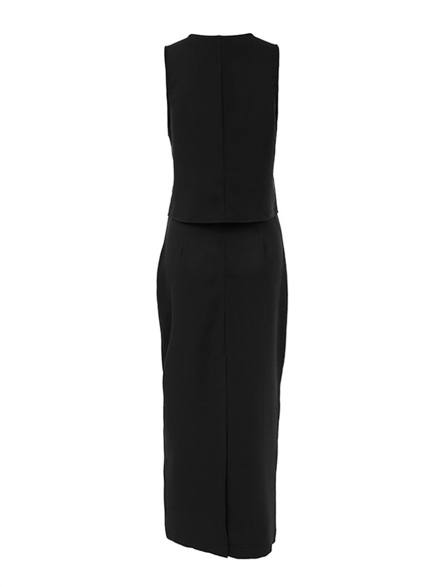 Liber Summer Women's Daily Casual Solid Color V-neck Slim Fit Two-piece Set