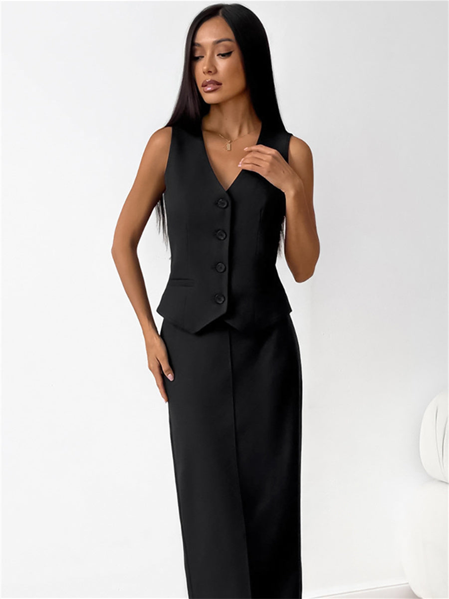 Liber Summer Women's Daily Casual Solid Color V-neck Slim Fit Two-piece Set