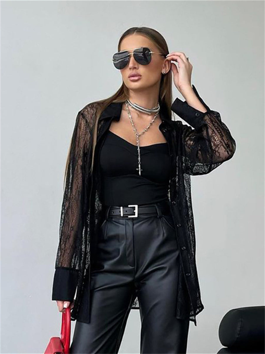 Liber Summer Women's Daily Casual Lace Turn-up Collar Long Sleeve Loose Shirt