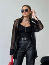 Liber Summer Women's Daily Casual Lace Turn-up Collar Long Sleeve Loose Shirt