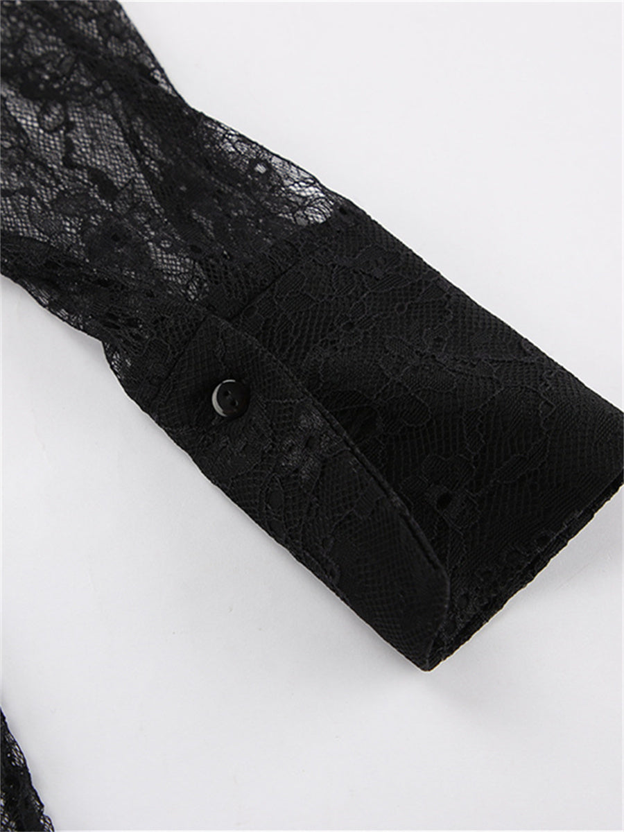 Liber Summer Women's Daily Casual Lace Turn-up Collar Long Sleeve Loose Shirt