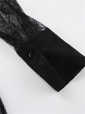 Liber Summer Women's Daily Casual Lace Turn-up Collar Long Sleeve Loose Shirt