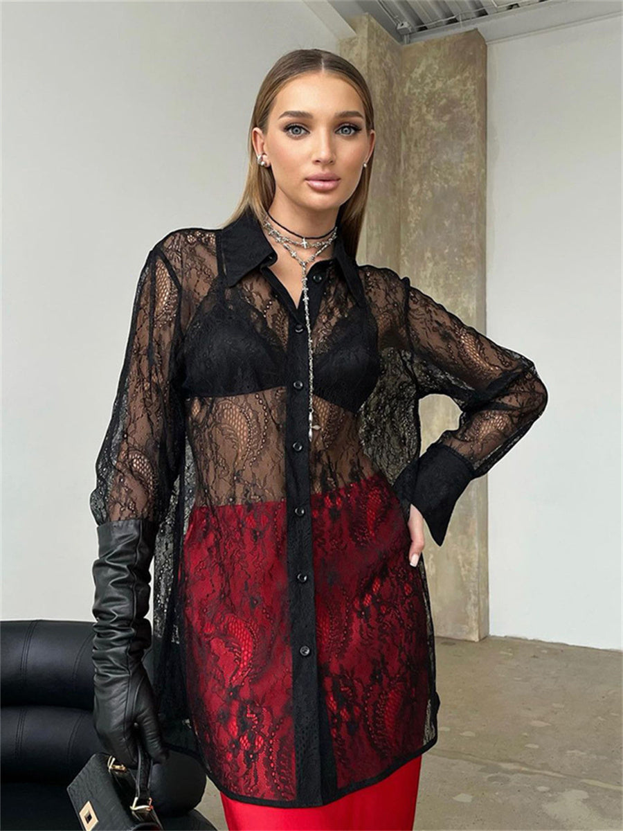 Liber Summer Women's Daily Casual Lace Turn-up Collar Long Sleeve Loose Shirt