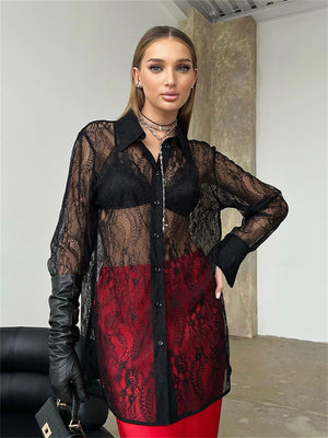 Liber Summer Women's Daily Casual Lace Turn-up Collar Long Sleeve Loose Shirt