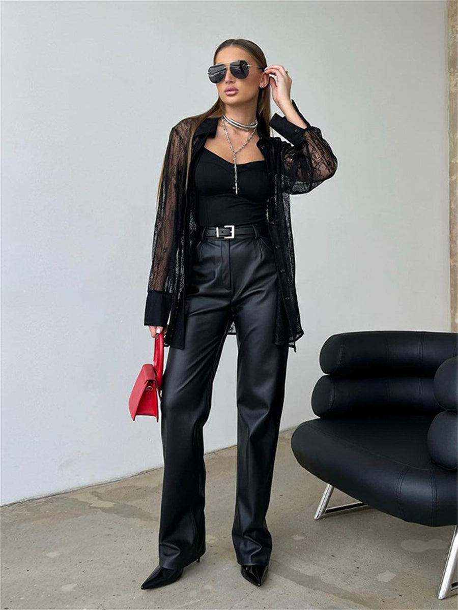 Liber Summer Women's Daily Casual Lace Turn-up Collar Long Sleeve Loose Shirt