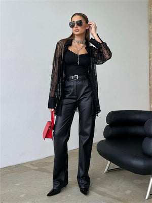 Liber Summer Women's Daily Casual Lace Turn-up Collar Long Sleeve Loose Shirt