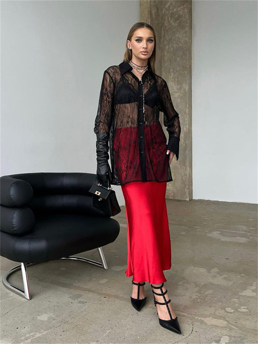 Liber Summer Women's Daily Casual Lace Turn-up Collar Long Sleeve Loose Shirt