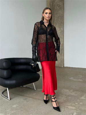 Liber Summer Women's Daily Casual Lace Turn-up Collar Long Sleeve Loose Shirt