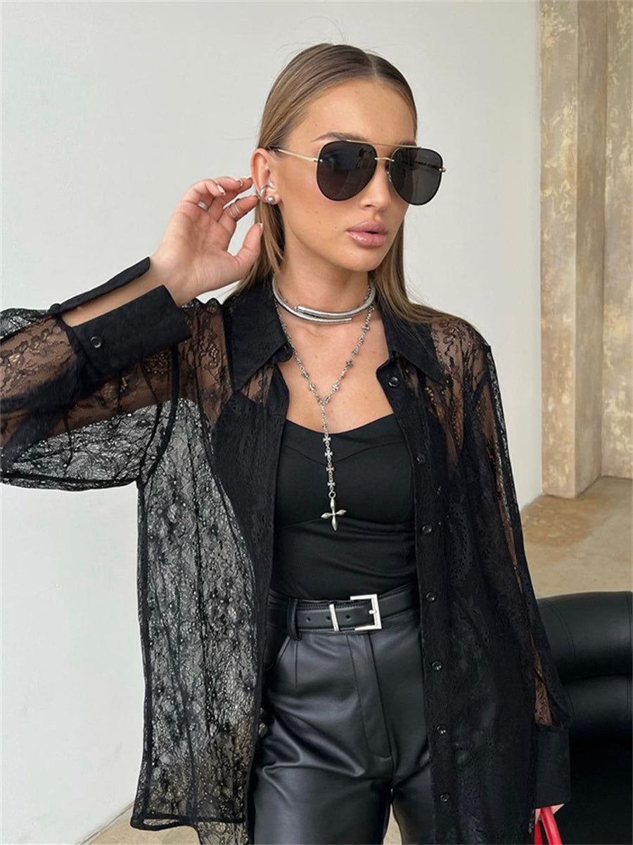Liber Summer Women's Daily Casual Lace Turn-up Collar Long Sleeve Loose Shirt