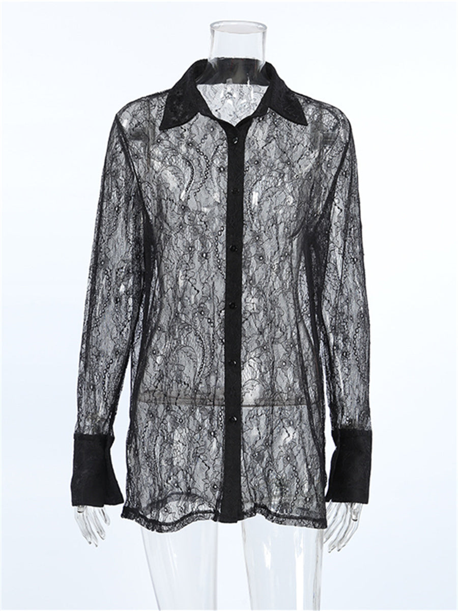 Liber Summer Women's Daily Casual Lace Turn-up Collar Long Sleeve Loose Shirt