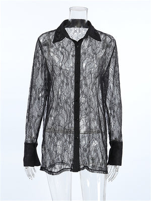 Liber Summer Women's Daily Casual Lace Turn-up Collar Long Sleeve Loose Shirt