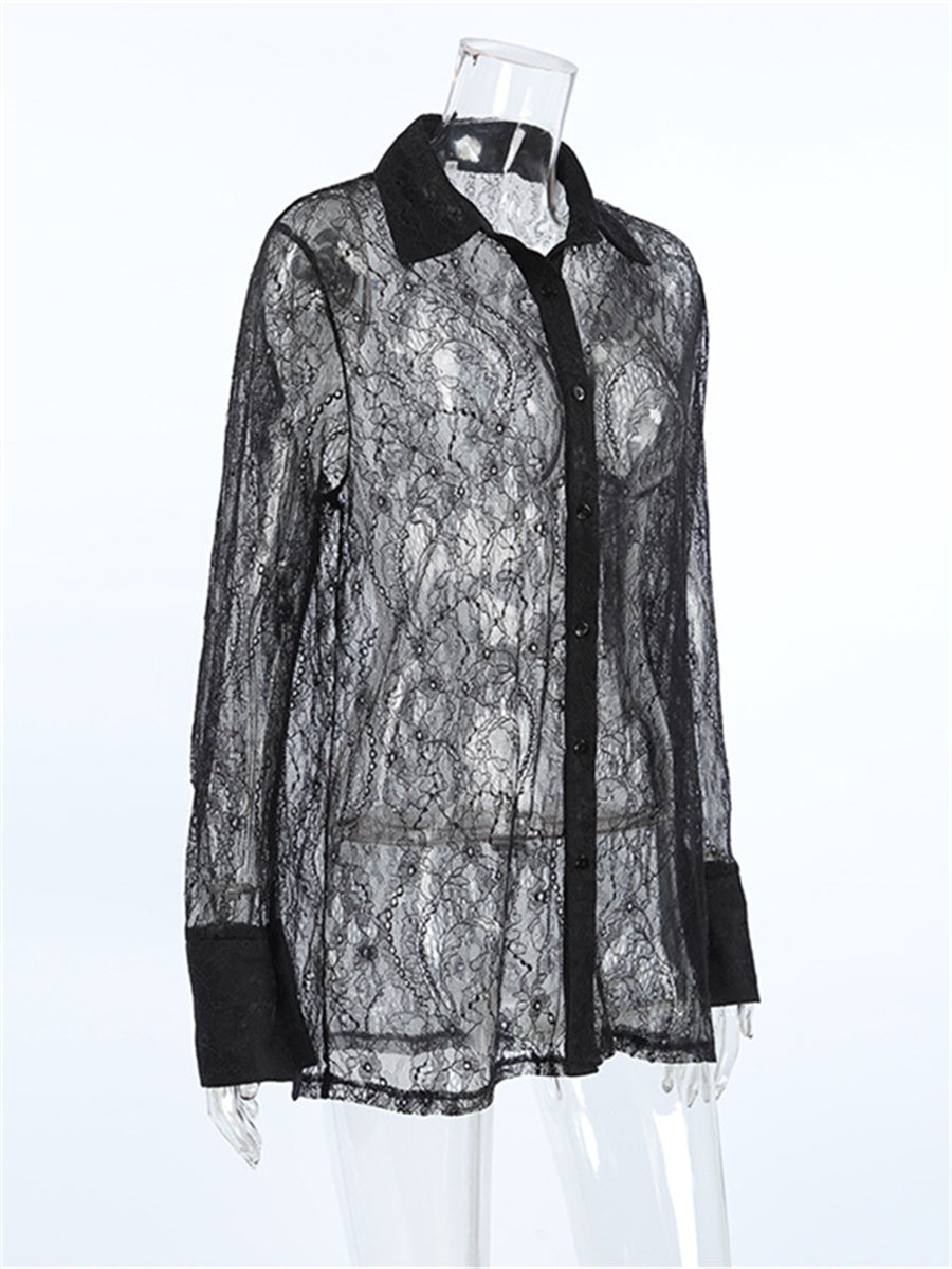 Liber Summer Women's Daily Casual Lace Turn-up Collar Long Sleeve Loose Shirt