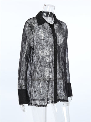 Liber Summer Women's Daily Casual Lace Turn-up Collar Long Sleeve Loose Shirt