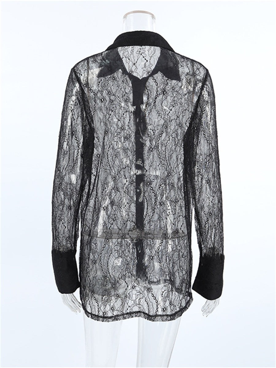 Liber Summer Women's Daily Casual Lace Turn-up Collar Long Sleeve Loose Shirt