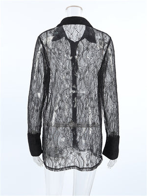 Liber Summer Women's Daily Casual Lace Turn-up Collar Long Sleeve Loose Shirt