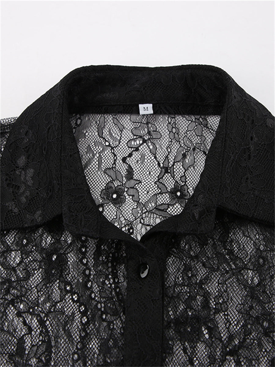 Liber Summer Women's Daily Casual Lace Turn-up Collar Long Sleeve Loose Shirt