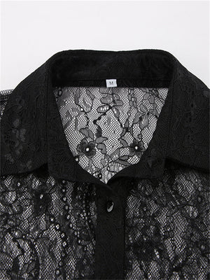 Liber Summer Women's Daily Casual Lace Turn-up Collar Long Sleeve Loose Shirt