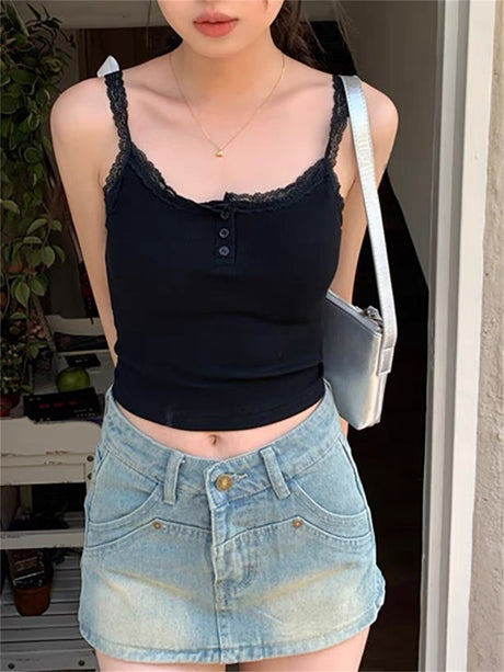 Liber Summer Women's Daily Casual Solid Color, Lace Square Neck Camisole