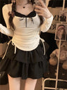 Liber Summer Women's Beach Lace-Up, Solid Color Round Neck Long Sleeve T-Shirt
