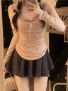Liber Summer Women's Beach Lace-Up, Solid Color Round Neck Long Sleeve T-Shirt