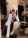 Liber Summer Women's Beach Lace-Up, Solid Color Round Neck Long Sleeve T-Shirt