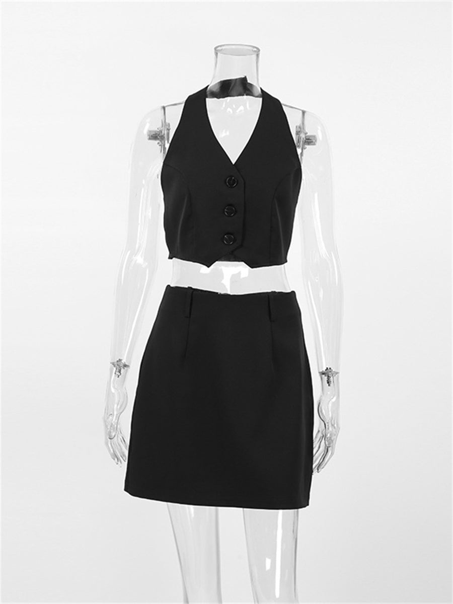 Liber summer women's daily casual solid color V-neck slim fit two-piece suit