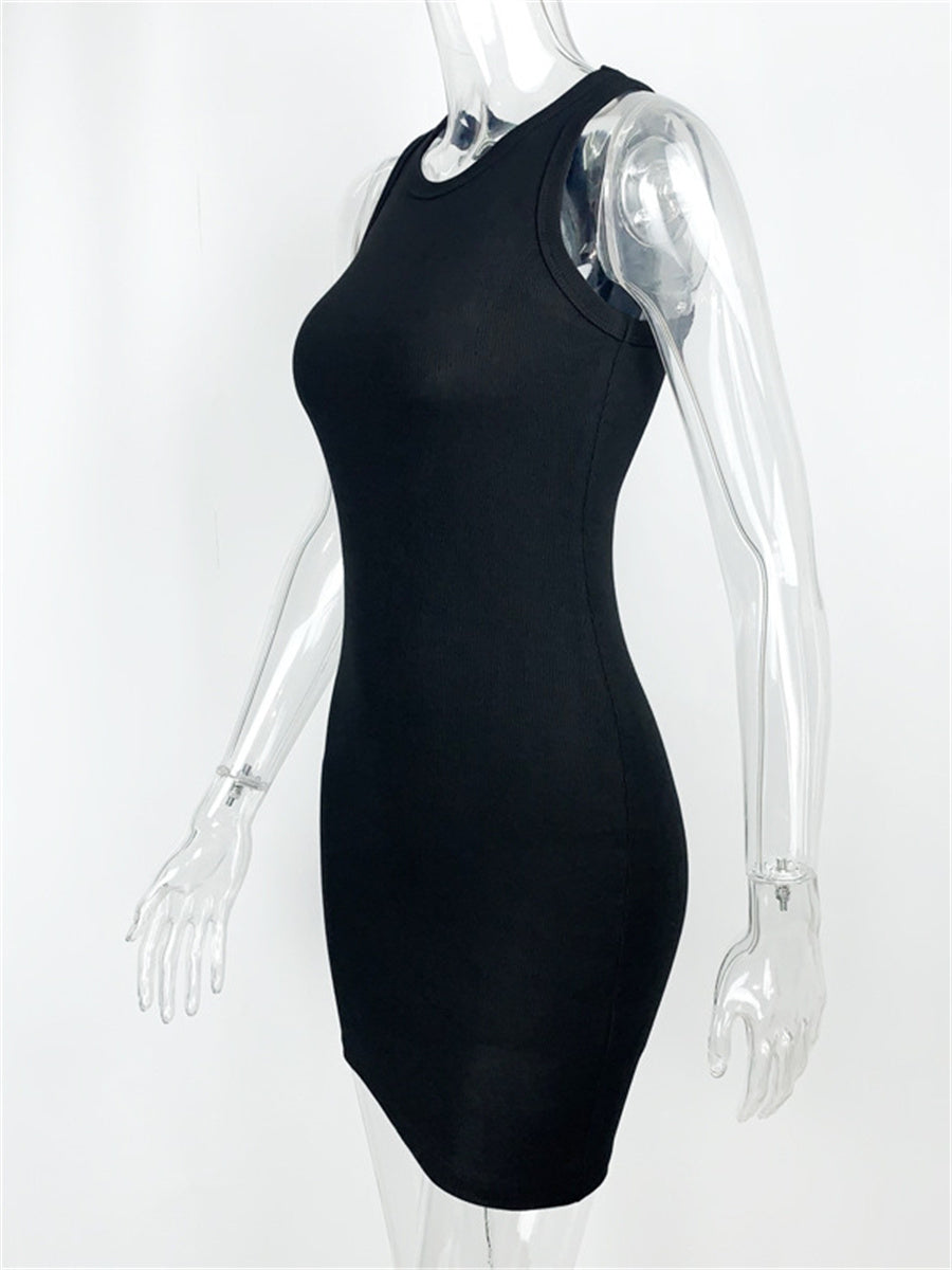 Liber summer women's daily casual solid color round neck sleeveless slim dress