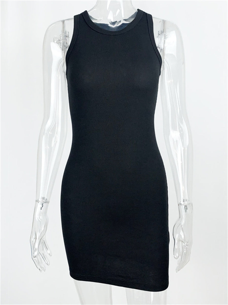 Liber summer women's daily casual solid color round neck sleeveless slim dress