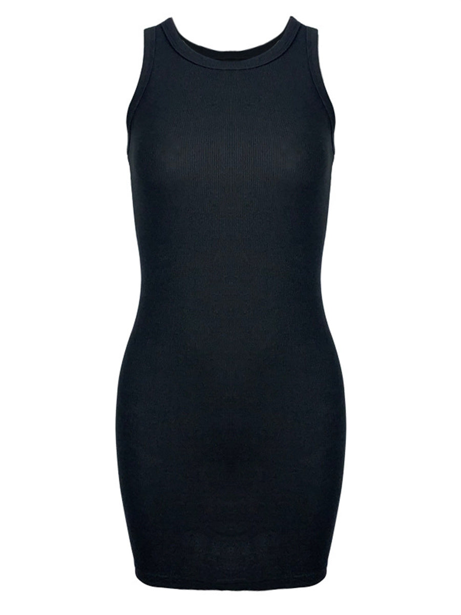 Liber summer women's daily casual solid color round neck sleeveless slim dress