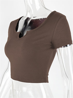 Liber Summer Women's Daily Casual Solid Color Round Neck Slim T-Shirt