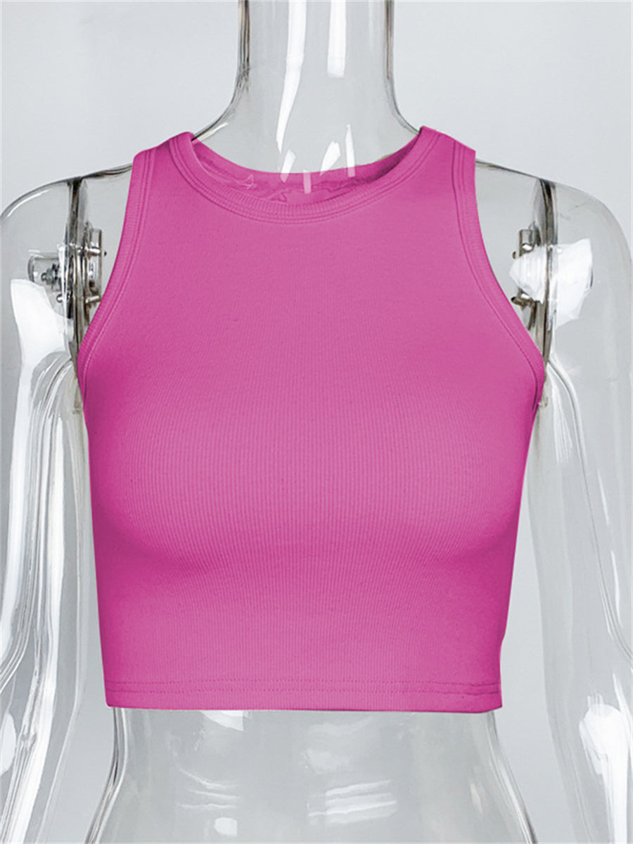 Liber summer women's daily casual solid color round neck sleeveless slim vest