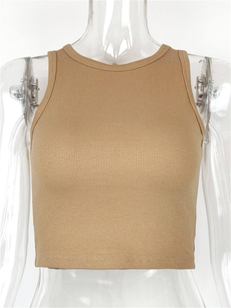 Liber summer women's daily casual solid color round neck sleeveless slim vest