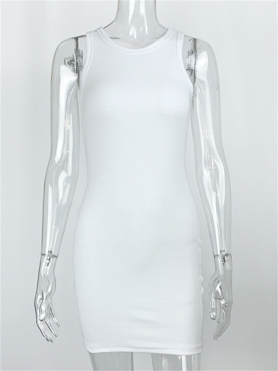 Liber summer women's daily casual solid color round neck sleeveless slim dress
