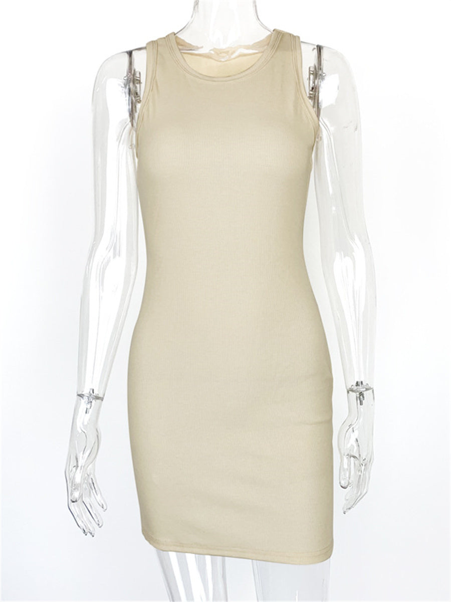 Liber summer women's daily casual solid color round neck sleeveless slim dress