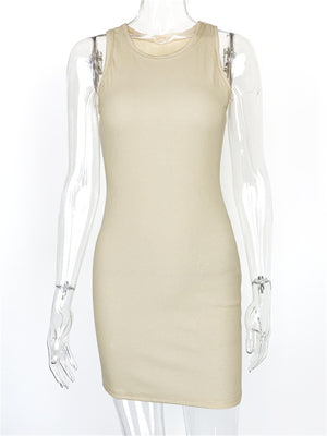 Liber summer women's daily casual solid color round neck sleeveless slim dress