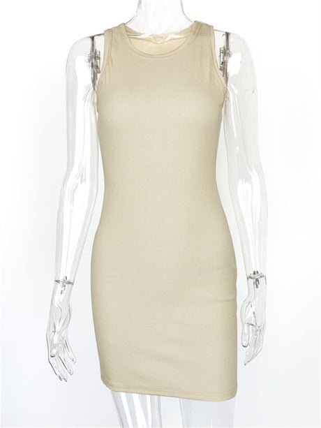 Liber summer women's daily casual solid color round neck sleeveless slim dress