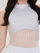 Liber Summer Women's Y2K Hot Girl Tassel Round Neck Sleeveless Slim Bodysuit