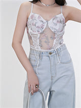 Liber Summer Women's Y2K Hot Girl Floral Sleeveless Slim Bodysuit