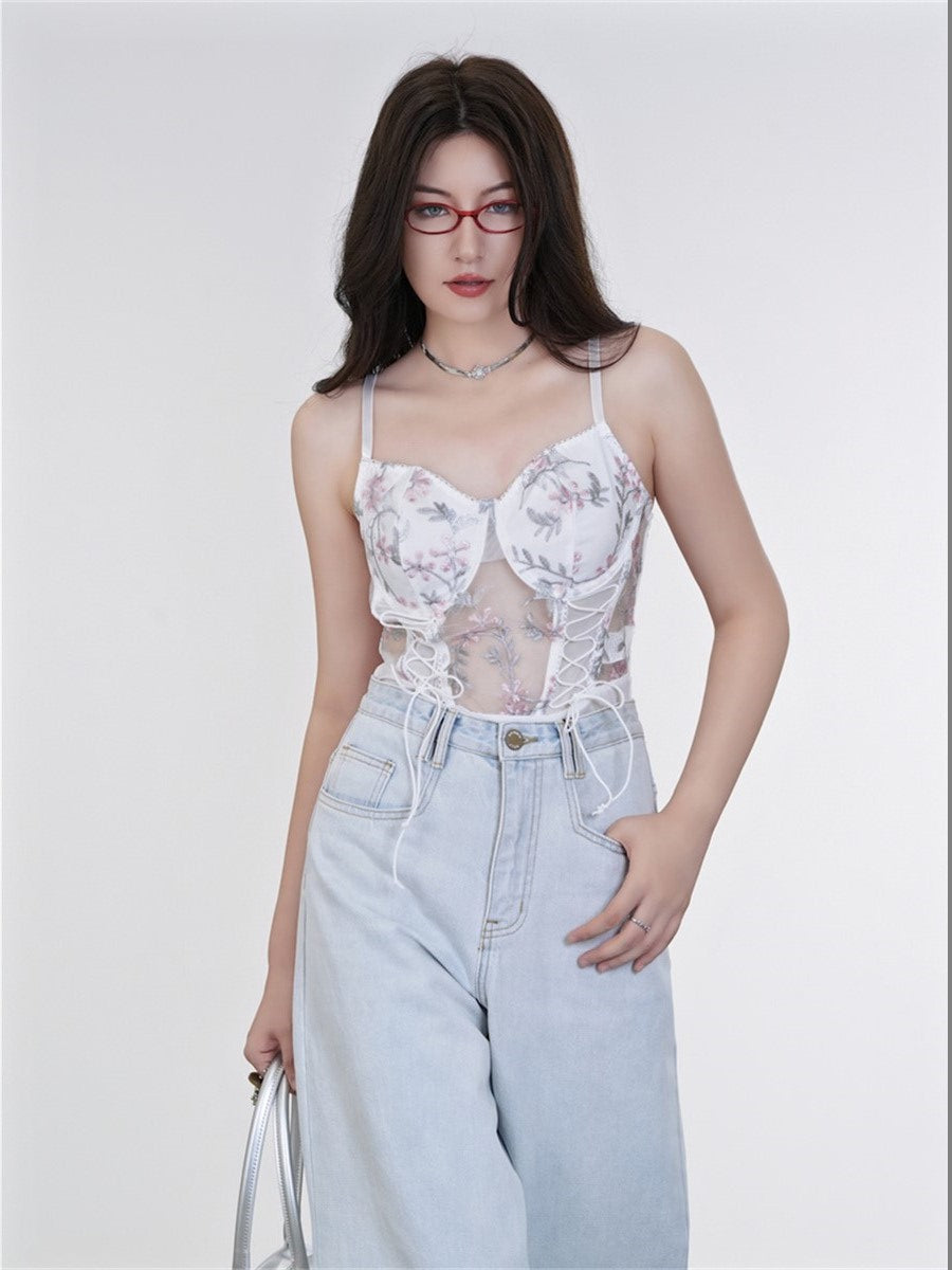Liber Summer Women's Y2K Hot Girl Floral Sleeveless Slim Bodysuit