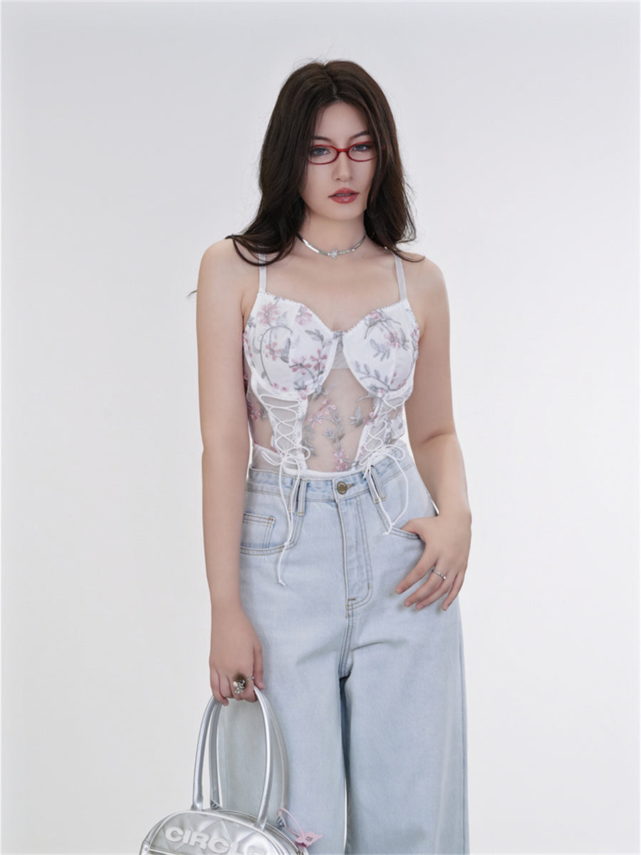 Liber Summer Women's Y2K Hot Girl Floral Sleeveless Slim Bodysuit
