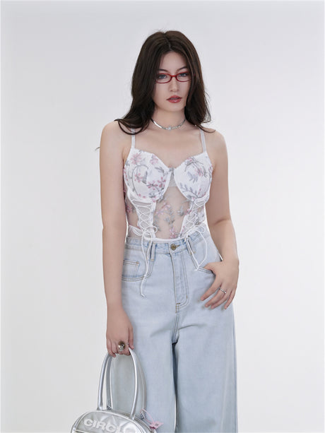 Liber Summer Women's Y2K Hot Girl Floral Sleeveless Slim Bodysuit