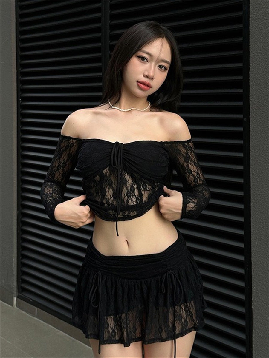 Liber Summer Women's Y2K Hot Girl Lace Lace Halter Collar Long Sleeve Two-piece Set