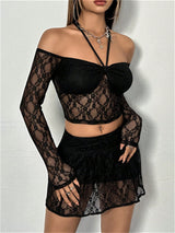 Liber Summer Women's Y2K Hot Girl Lace Lace Halter Collar Long Sleeve Two-piece Set