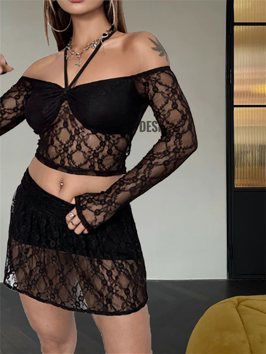 Liber Summer Women's Y2K Hot Girl Lace Lace Halter Collar Long Sleeve Two-piece Set