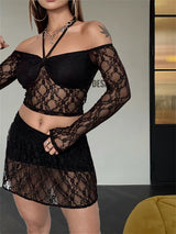 Liber Summer Women's Y2K Hot Girl Lace Lace Halter Collar Long Sleeve Two-piece Set
