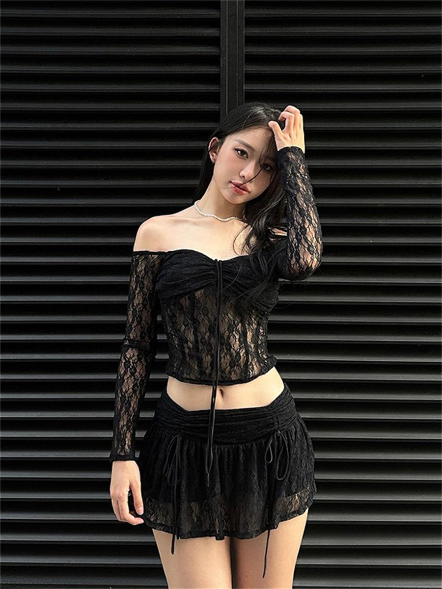 Liber Summer Women's Y2K Hot Girl Lace Lace Halter Collar Long Sleeve Two-piece Set
