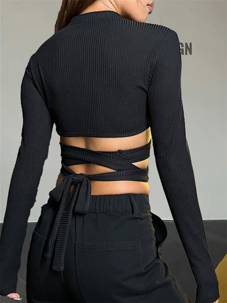 Liber Summer Women's Y2K Hot Girl Bandage, Hollow Stand Collar Long Sleeve T-shirt