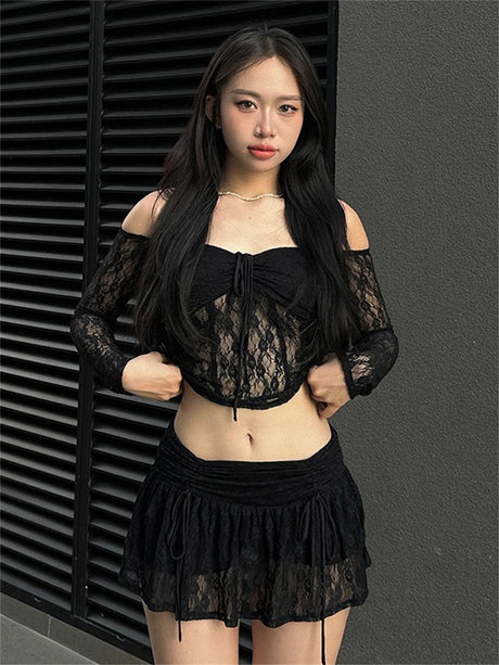 Liber Summer Women's Y2K Hot Girl Lace Lace Halter Collar Long Sleeve Two-piece Set