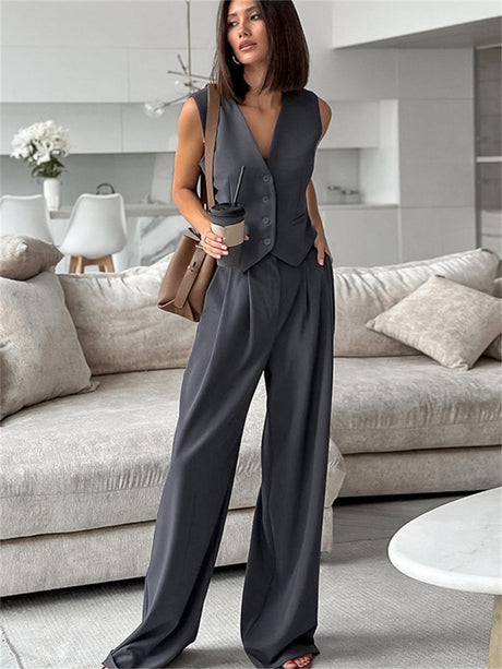 Liber Summer Women's Daily Casual Solid Color V-neck Sleeveless Slim Fit Two-piece Suit