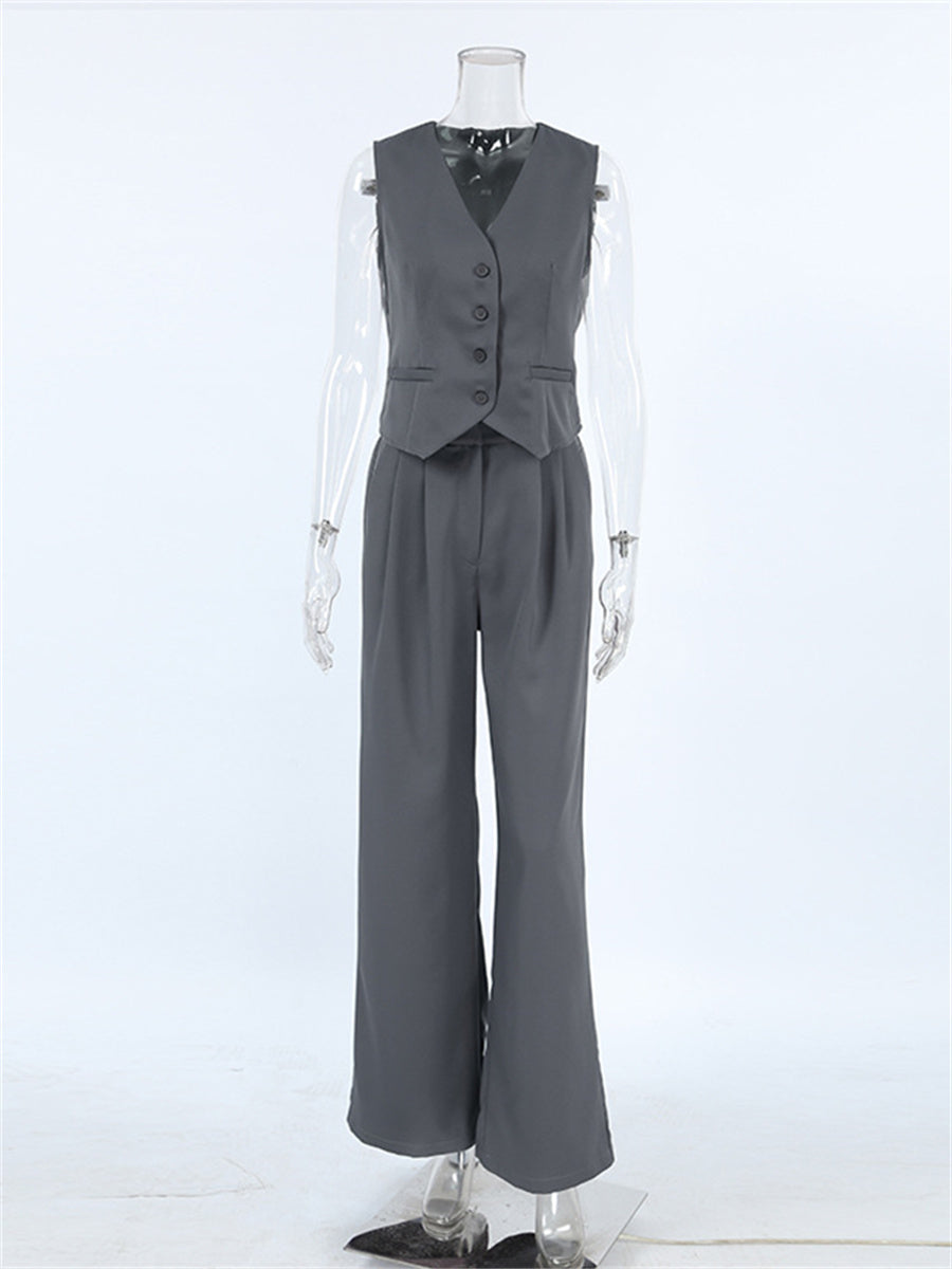 Liber Summer Women's Daily Casual Solid Color V-neck Sleeveless Slim Fit Two-piece Suit